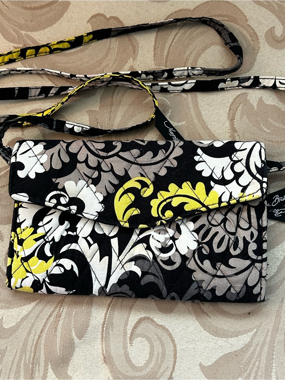 Vera Bradley Strap Wallet Retired Baroque Pattern Crossbody Black White Gray